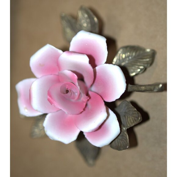 Vintage Capodimonte Porcelain Pink Rose Flower Sculpture Italy - Picture 7 of 11